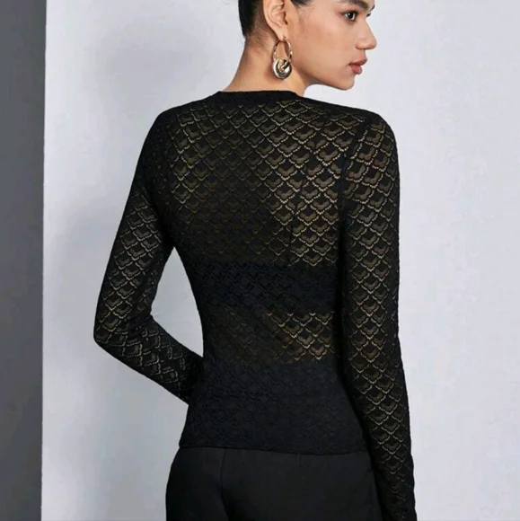 Women Black Hollow Out Lace Blouse, Elastic Crew Neck Ladies Long Sleeve Top - Picture 4 of 4